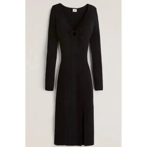Abercrombie & Fitch Long Sleeve O-Ring Sweater Dress V-Neck Slit Rib Knit Midi